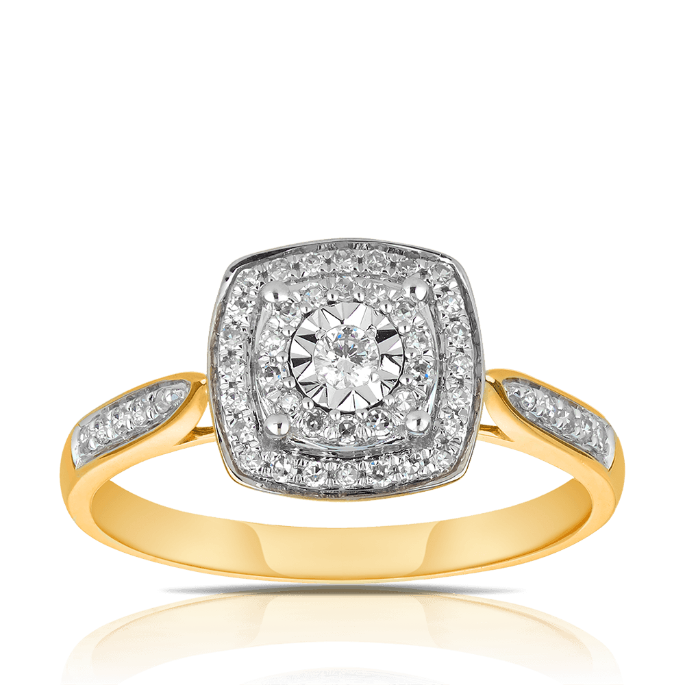 0.25ct TW Diamond Double Halo Engagement Ring in 9ct Yellow and White Gold - Wallace Bishop