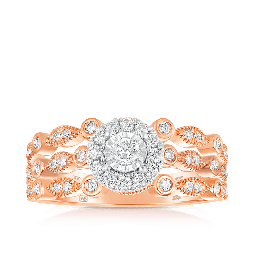 0.50ct TW Diamond Halo Engagement & Bridal Set Rings in 9ct Rose Gold