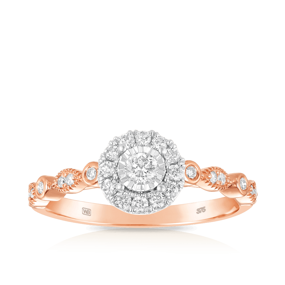 0.50ct TW Diamond Halo Engagement & Bridal Set Rings in 9ct Rose Gold - Wallace Bishop