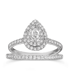0.60ct TW Diamond Double Halo Pear Engagement & Bridal Set in 9ct White Gold - Wallace Bishop