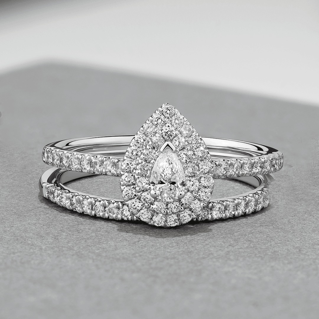 0.60ct TW Diamond Double Halo Pear Engagement & Bridal Set in 9ct White Gold