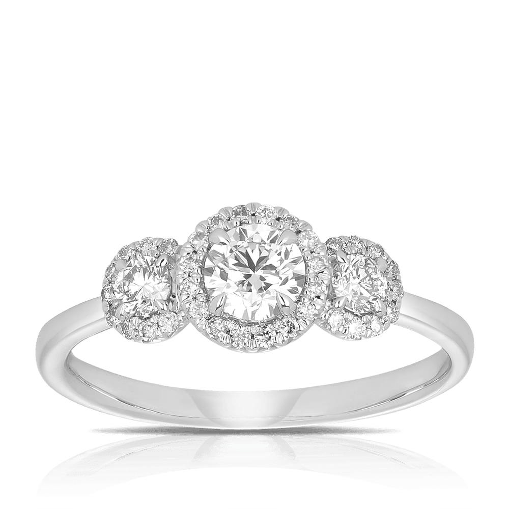 0.63ct TW Diamond Three Stone Halo Engagement Ring set in 9ct White Gold