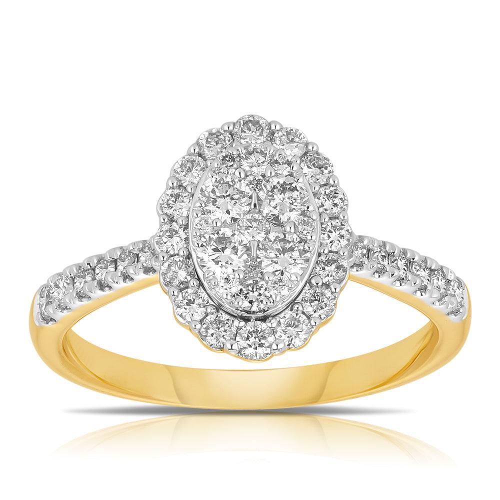 0.75ct TW Diamond Oval Halo Engagement Ring in 9ct Yellow & White Gold - Wallace Bishop