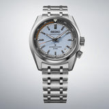 From this angle, the Seiko Prospex Speedtimer Men’s 39.50mm Watch HBC003J shows the light blue dial, orange accent ring and rotating countdown scale together with the steel bracelet.