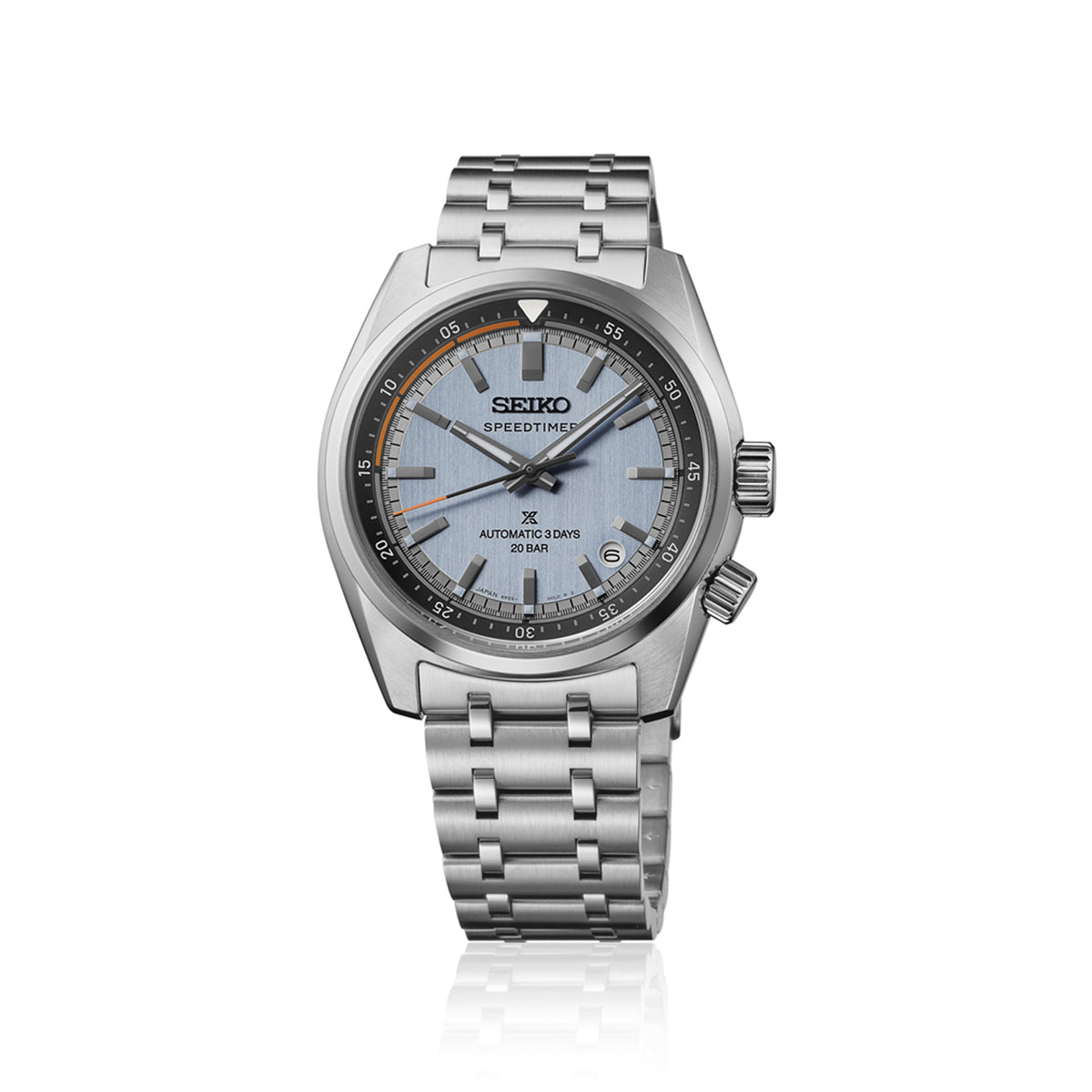 The Seiko Prospex Speedtimer Men’s 39.50mm Watch HBC003J features a light blue dial with orange accents, applied indexes and a date window at 4:30. The 39.5mm stainless steel case is fitted with a curved sapphire crystal.