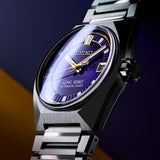 From this angle, the King Seiko VANAC Men's 41mm Automatic Watch SLA083J shows the dial's three-dimensional pattern and gold V-shaped index together with the case's mirror and hairline finishes.