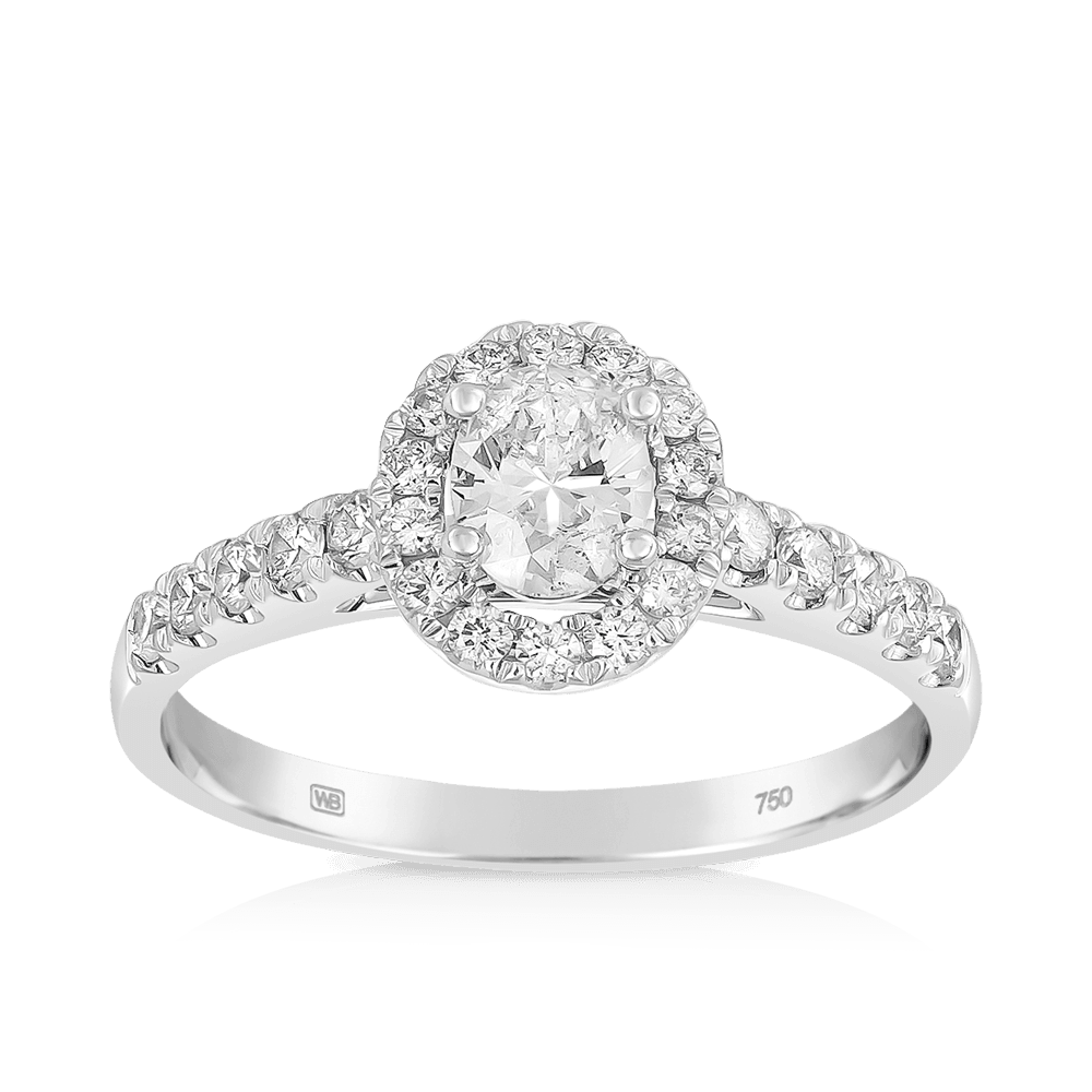 1.01 TW Oval Cut Diamond Halo Engagement Ring in 18ct White Gold - Wallace Bishop