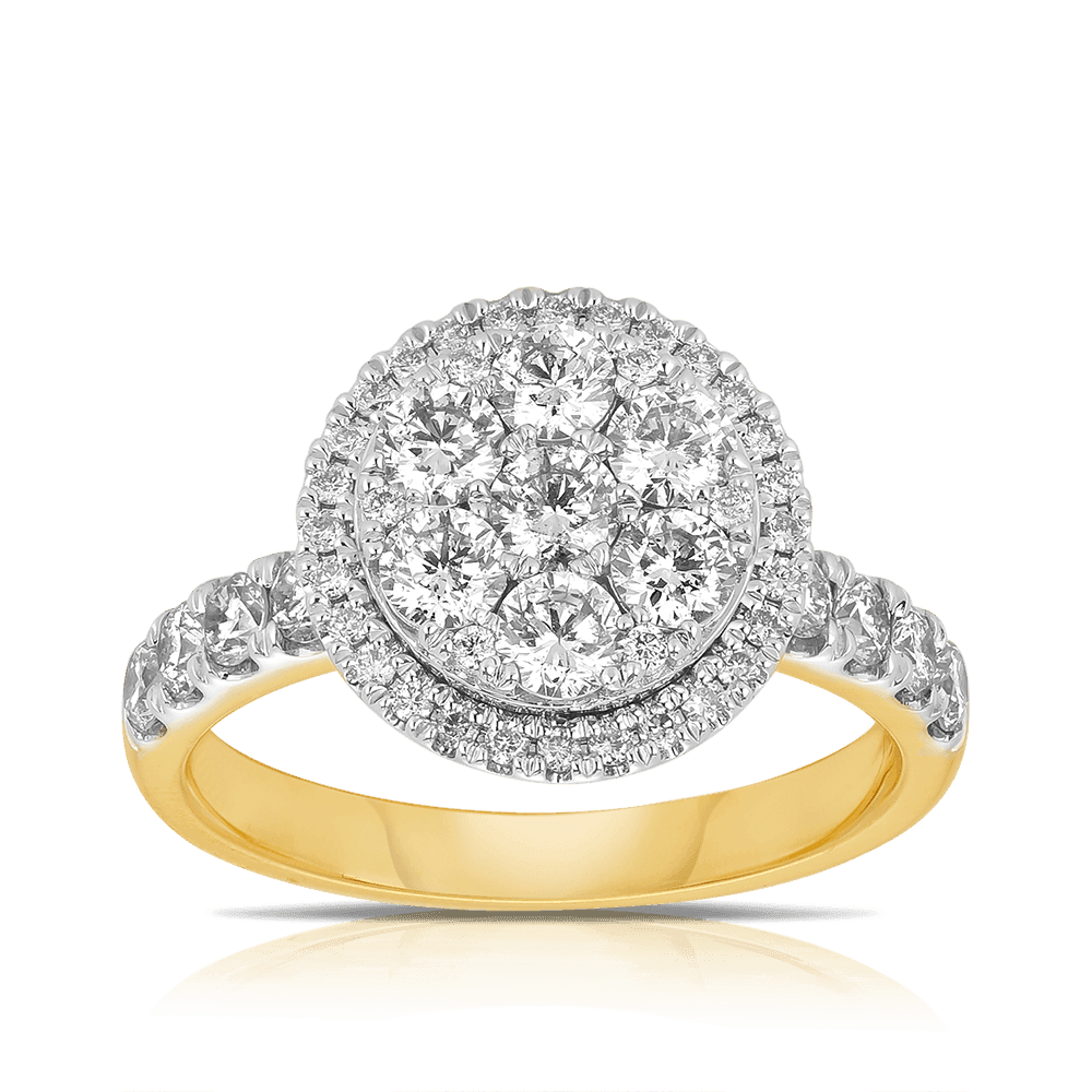 1.50ct TW Diamond Cluster Halo Engagement Ring in 9ct Yellow and White Gold - Wallace Bishop