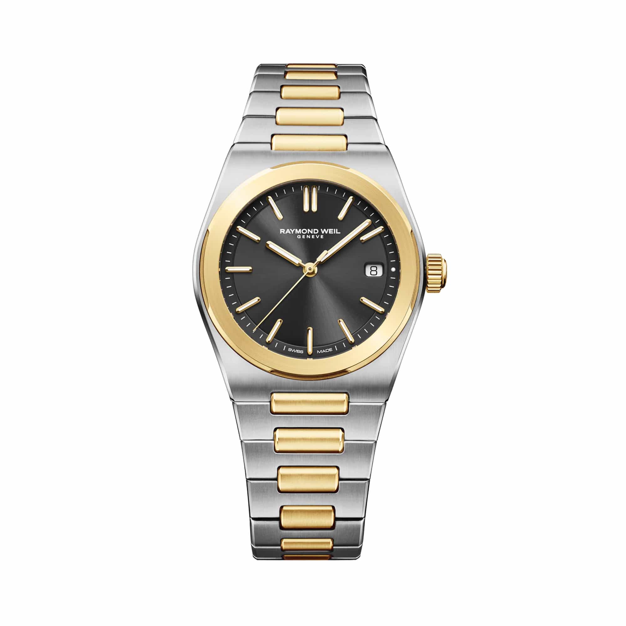 Raymond Weil A.R.T. Automatic Men's 38mm Watch 1000-STP-20001 shows off its sophisticated graphite sunray dial framed by a two-tone stainless steel and yellow gold PVD case. Applied indexes and faceted hands with Super-LumiNova® ensure excellent legibility, while the date sits neatly at three o'clock.