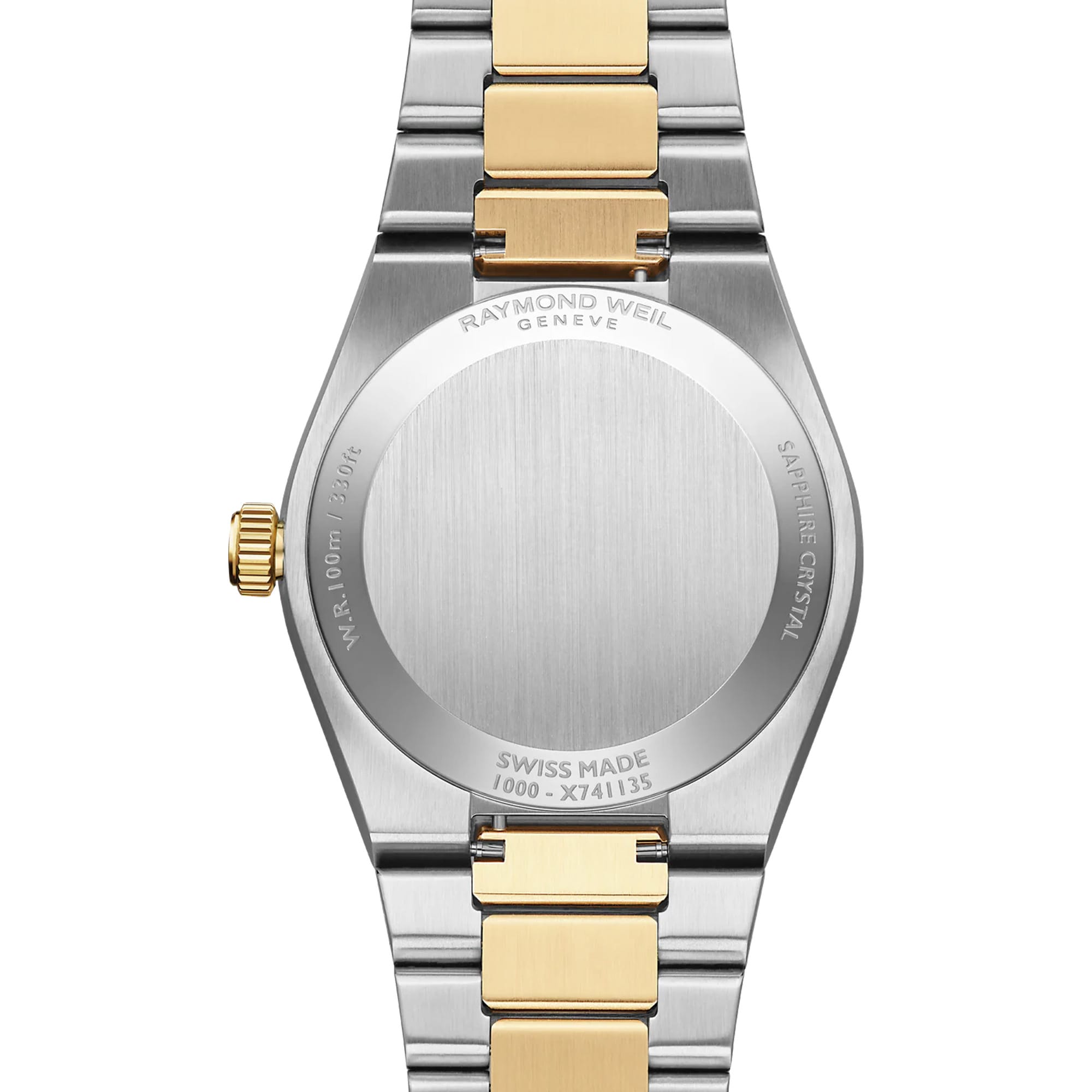 The case back of the Raymond Weil A.R.T. Automatic Men's 38mm Watch 1000-STP-20001 is shown here, featuring a solid snapped stainless steel back ideal for personalised engraving. This closed-back construction also supports the watch's 100m water resistance rating.