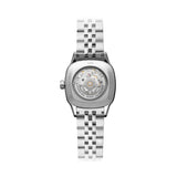 Case back of the Raymond Weil Freelancer Women’s 34.5mm Automatic Watch 2490-STS-50051, featuring a snapped stainless steel back with a sapphire crystal window. The window gives a view of the self-winding RW4200 movement.