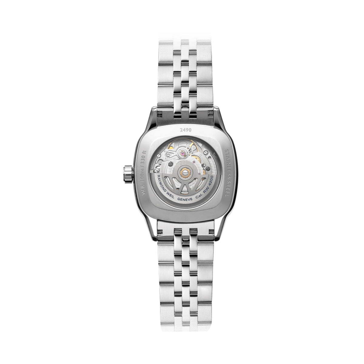 Case back of the Raymond Weil Freelancer Women’s 34.5mm Automatic Watch 2490-STS-50051, featuring a snapped stainless steel back with a sapphire crystal window. The window gives a view of the self-winding RW4200 movement.