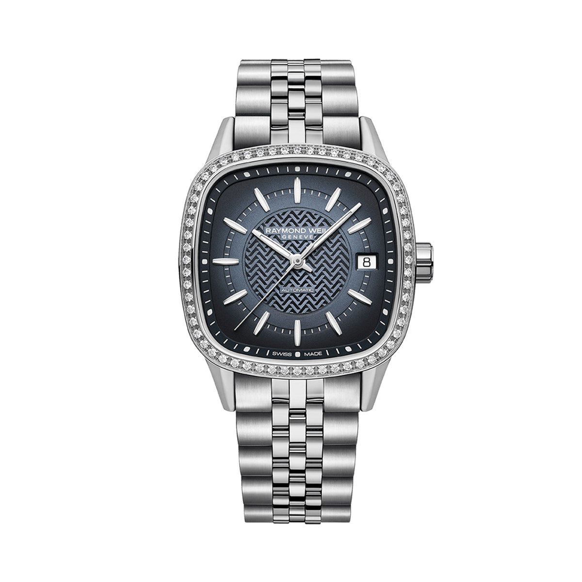 Raymond Weil Freelancer Women’s 34.5mm Automatic Watch 2490-STS-50051 shows its gradient blue dial with W guilloché pattern, framed by a lab-grown diamond-set bezel on a square stainless steel case. Luminous hands and indexes sit alongside the date window at three o’clock.