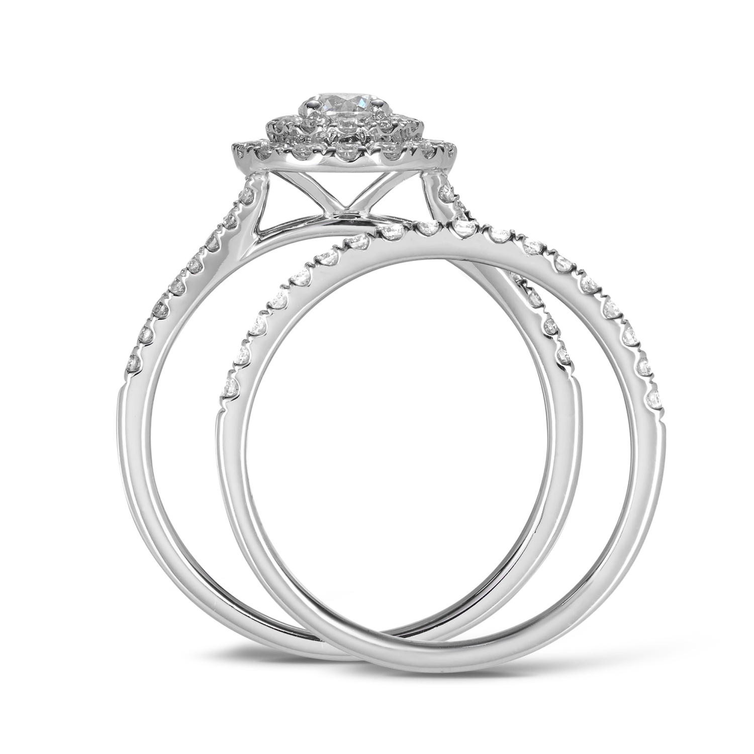 1.00ct TW Round Brilliant Cut Diamond Double Halo Engagement & Wedding Bridal Set in 9ct White Gold