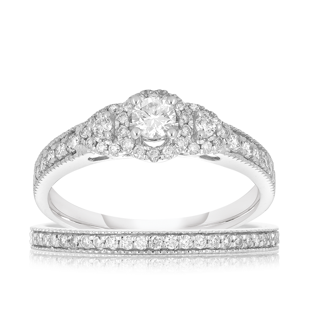 0.60ct TW Diamond Three Stone Engagement & Bridal Set in 9ct White Gold