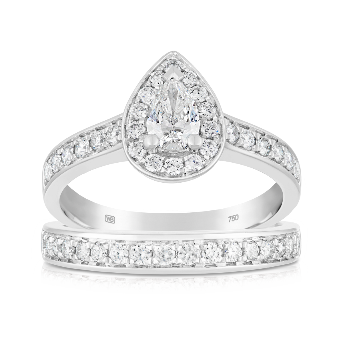 1.00ct TW Pear Cut Diamond Halo Engagement & Wedding Bridal Set Rings in 18ct White Gold