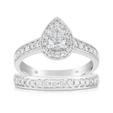 1.00ct TW Pear Cut Diamond Halo Engagement & Wedding Bridal Set Rings in 18ct White Gold