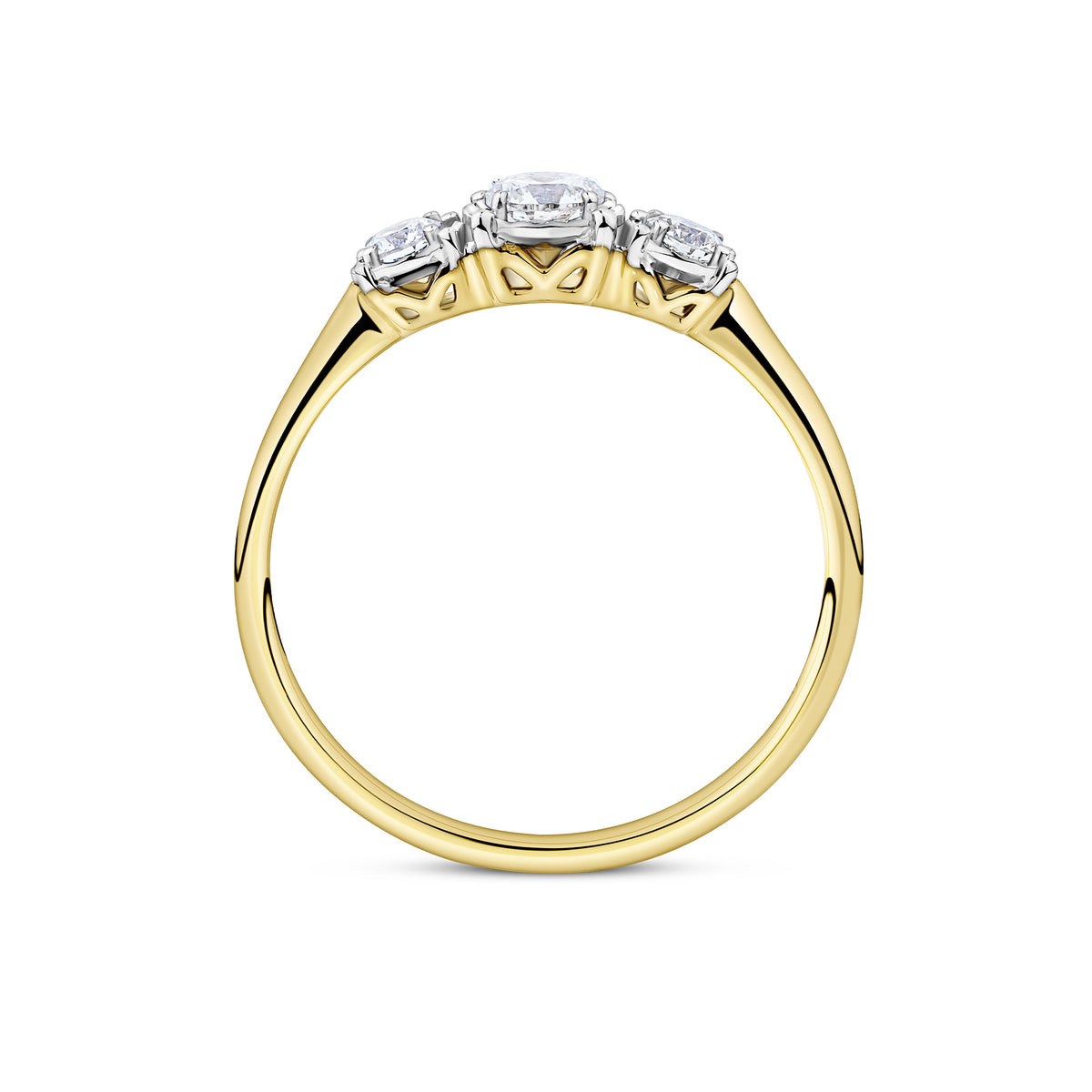 Side-on view of the Wallace Bishop 0.39 TDW Round Diamond Three Stone Engagement Ring in 9ct Yellow Gold, reference 11BRIL3STYWO, on a polished plain yellow gold band.