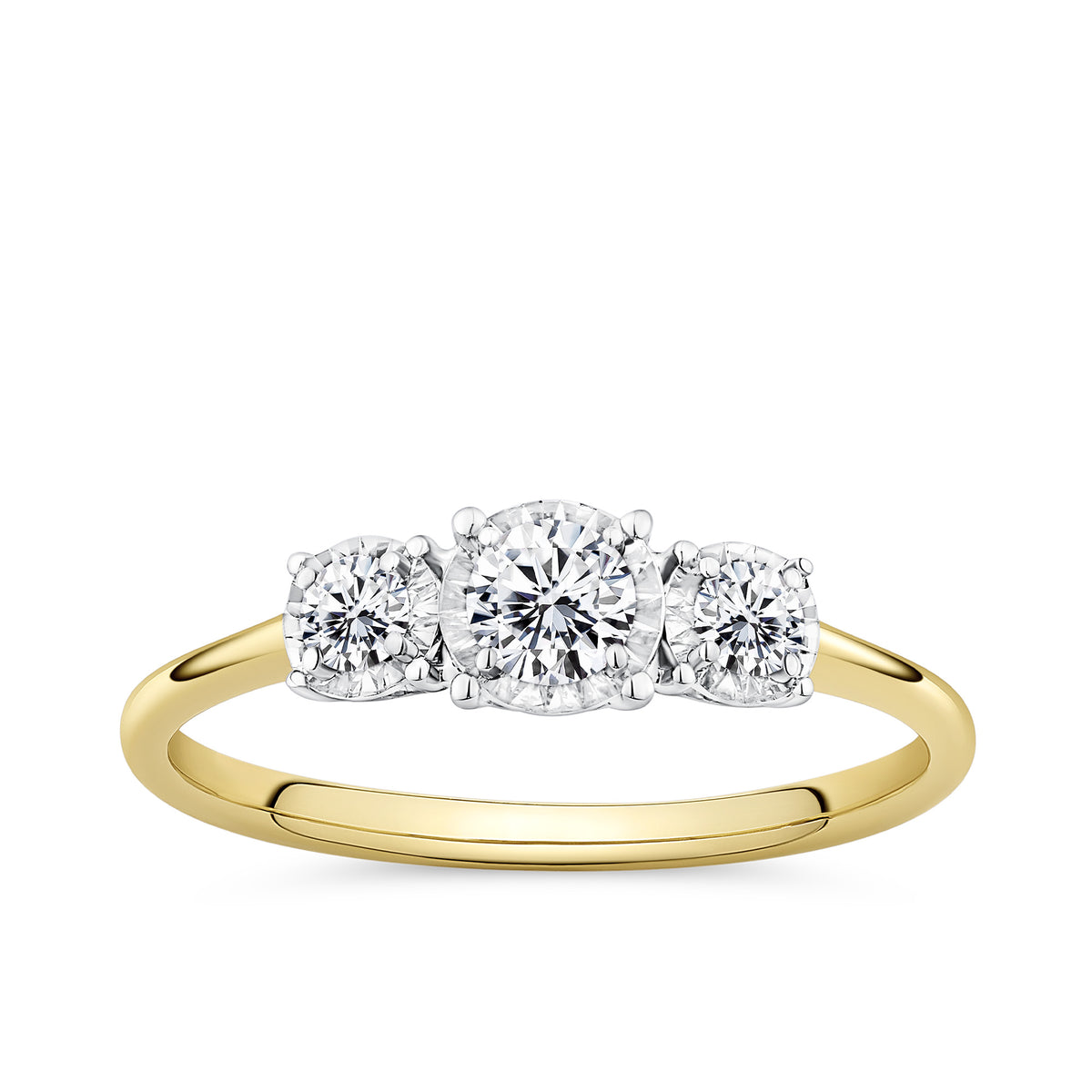 Front-on view of the Wallace Bishop 0.39 TDW Round Diamond Three Stone Engagement Ring in 9ct Yellow Gold, reference 11BRIL3STYWO, on a polished plain yellow gold band. The ring features three natural round cut diamonds set into white gold illusion settings.