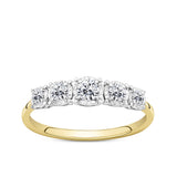 Front-on view of the Wallace Bishop 0.38 TDW Round Diamond Five Stone Engagement Ring in 9ct Yellow Gold, reference 11BRIL5STYWO, on a polished plain yellow gold band. The ring features five natural round cut diamonds set into white gold illusion settings.