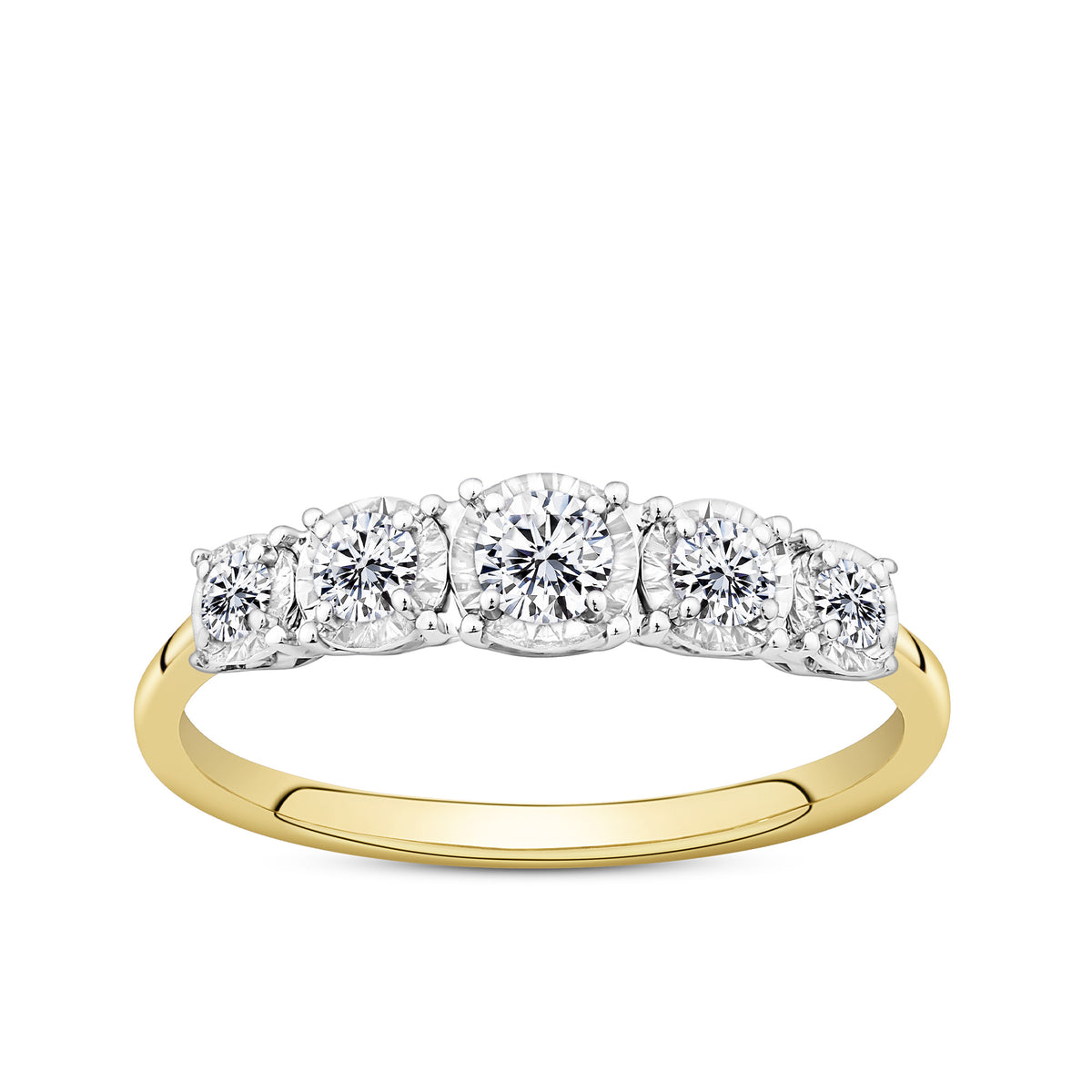 Front-on view of the Wallace Bishop 0.38 TDW Round Diamond Five Stone Engagement Ring in 9ct Yellow Gold, reference 11BRIL5STYWO, on a polished plain yellow gold band. The ring features five natural round cut diamonds set into white gold illusion settings.