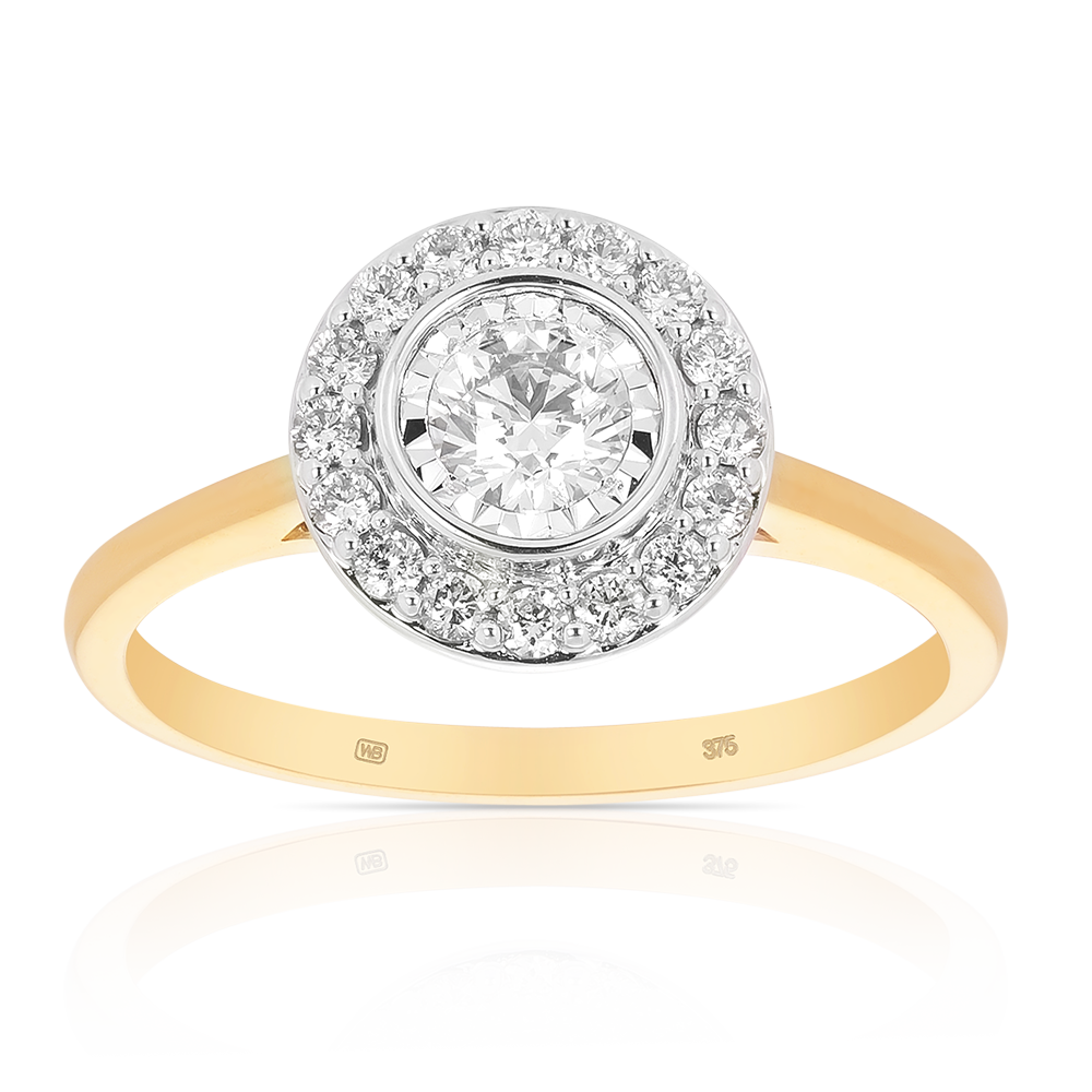 Round Brilliant Cut Illusion Set Diamond Halo Engagement Ring in 9ct Yellow & White Gold