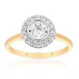 Round Brilliant Cut Illusion Set Diamond Halo Engagement Ring in 9ct Yellow & White Gold