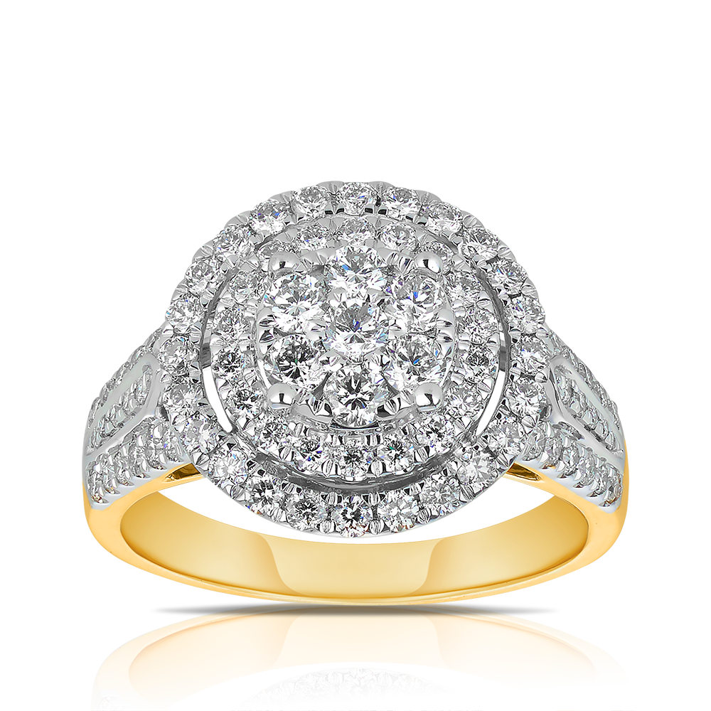 Halo Shape Diamond Dress Ring in 9ct Yellow Gold TGW 1.25ct
