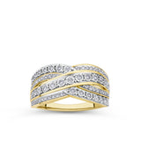 Front-on view of the Wallace Bishop 0.34 TDW Round Diamond Illusion Set Ring in 9ct Yellow Gold, reference 15HA261YO. The ring features 69 round brilliant cut diamonds set into crossover rows of yellow and white gold, with all diamonds set into white gold for extra brightness.