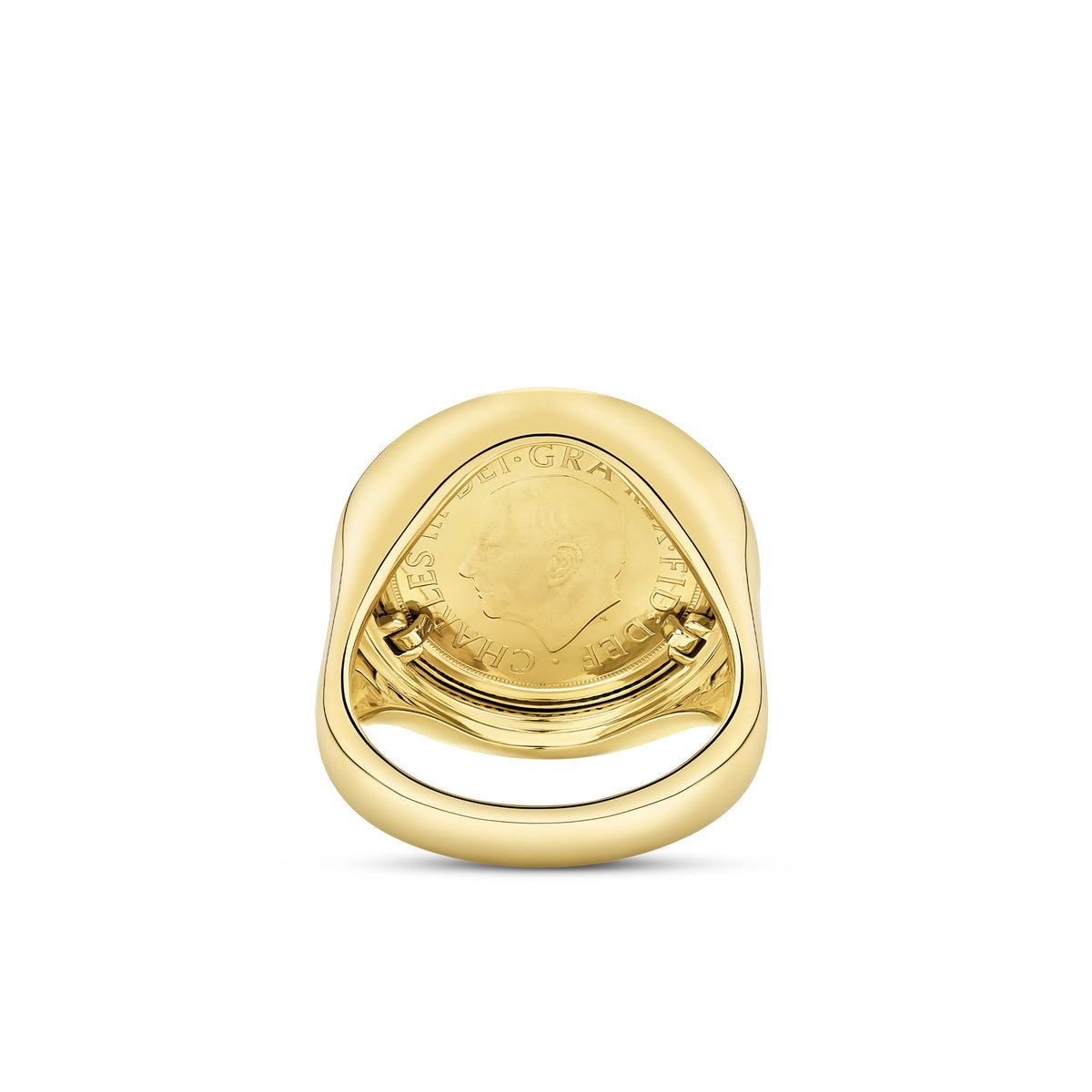 A 9ct yellow gold ring shown front on, with a 2024 half sovereign coin at the centre surrounded by a halo of natural round diamonds.