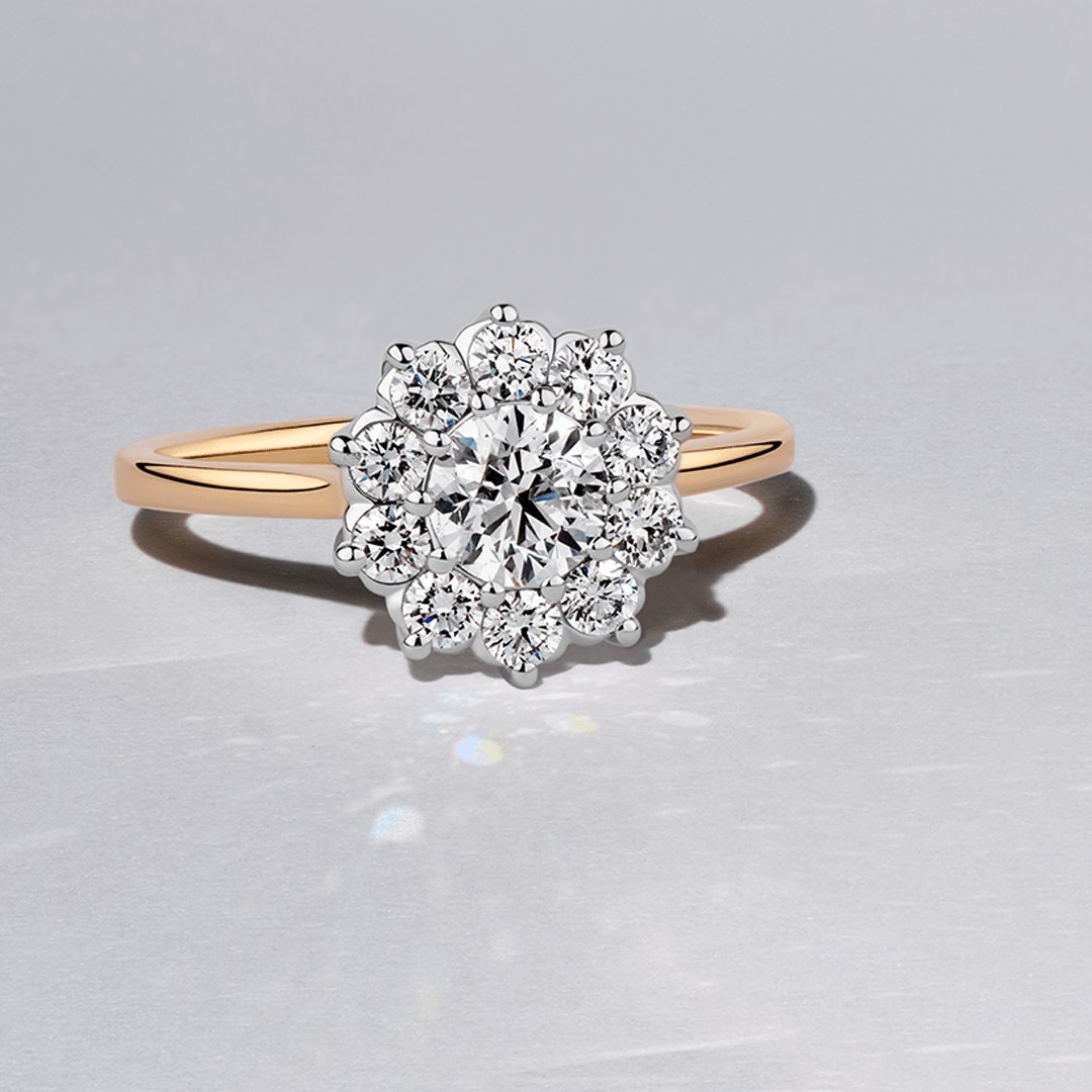 1917™ 1.08ct TW Diamond Flower Halo Engagement Ring in 18ct Yellow and White Gold - Wallace Bishop