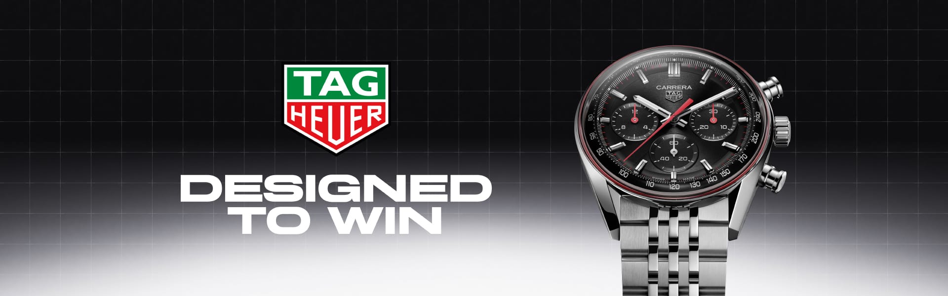 Tag Heuer watch with 'Designed to Win' text on a dark background