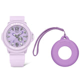 Casio Baby-G BGA15K-6A front view showcasing the soft purple matte bezel and band with shimmering metal dial, pop-inspired rotating day display, and clean three-hand analogue face — subtle yet stylish, the quiet standout of the Baby-G+PLUS pastel lineup.