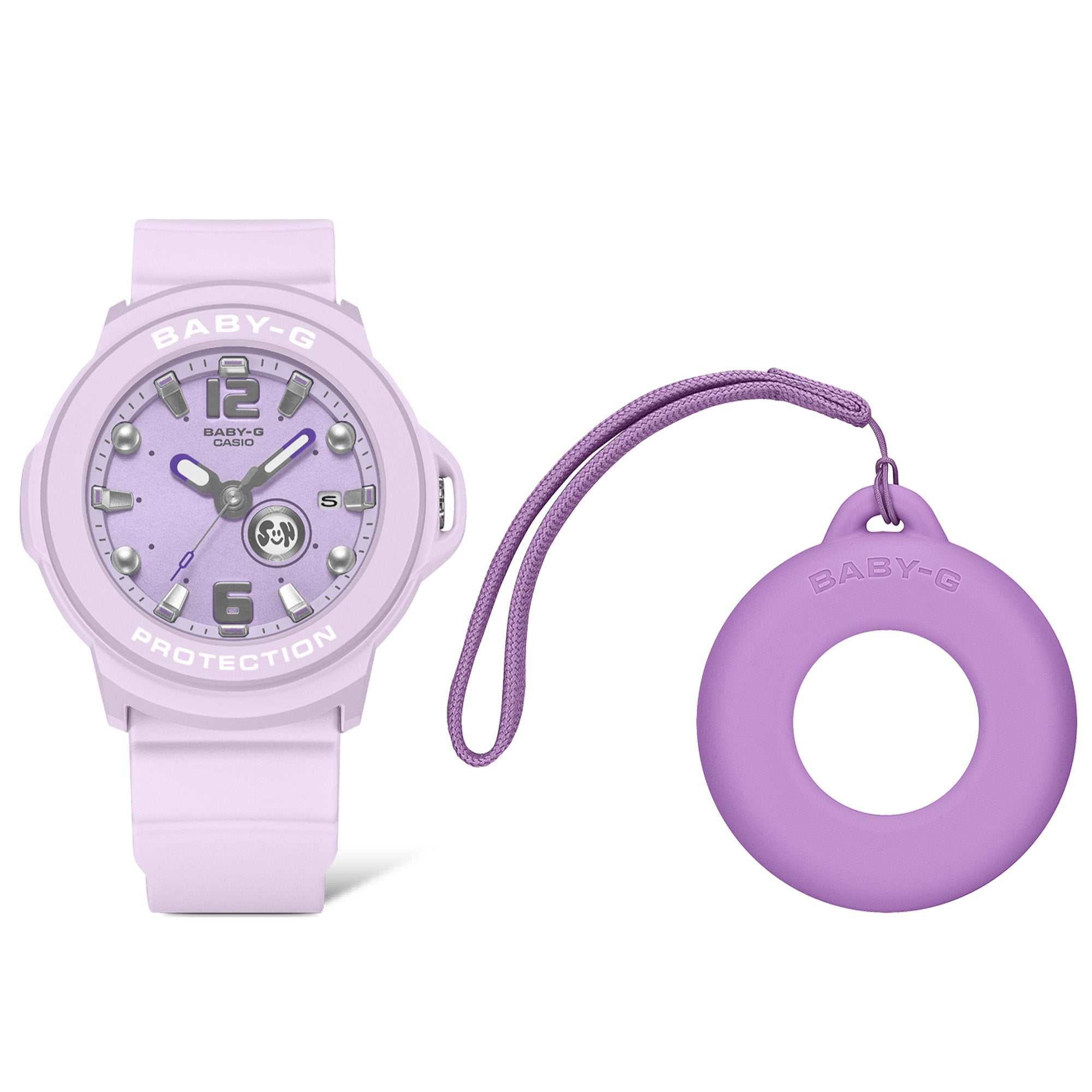 Casio Baby-G BGA15K-6A front view showcasing the soft purple matte bezel and band with shimmering metal dial, pop-inspired rotating day display, and clean three-hand analogue face — subtle yet stylish, the quiet standout of the Baby-G+PLUS pastel lineup.