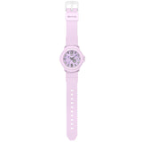 Casio Baby-G+PLUS BGA15K-6A close-up of the soft purple matte resin strap with detachable centre case mechanism, alongside the included round silicone holder that converts the watch into a bag charm or keyring, fitting wrists from 125mm to 180mm.