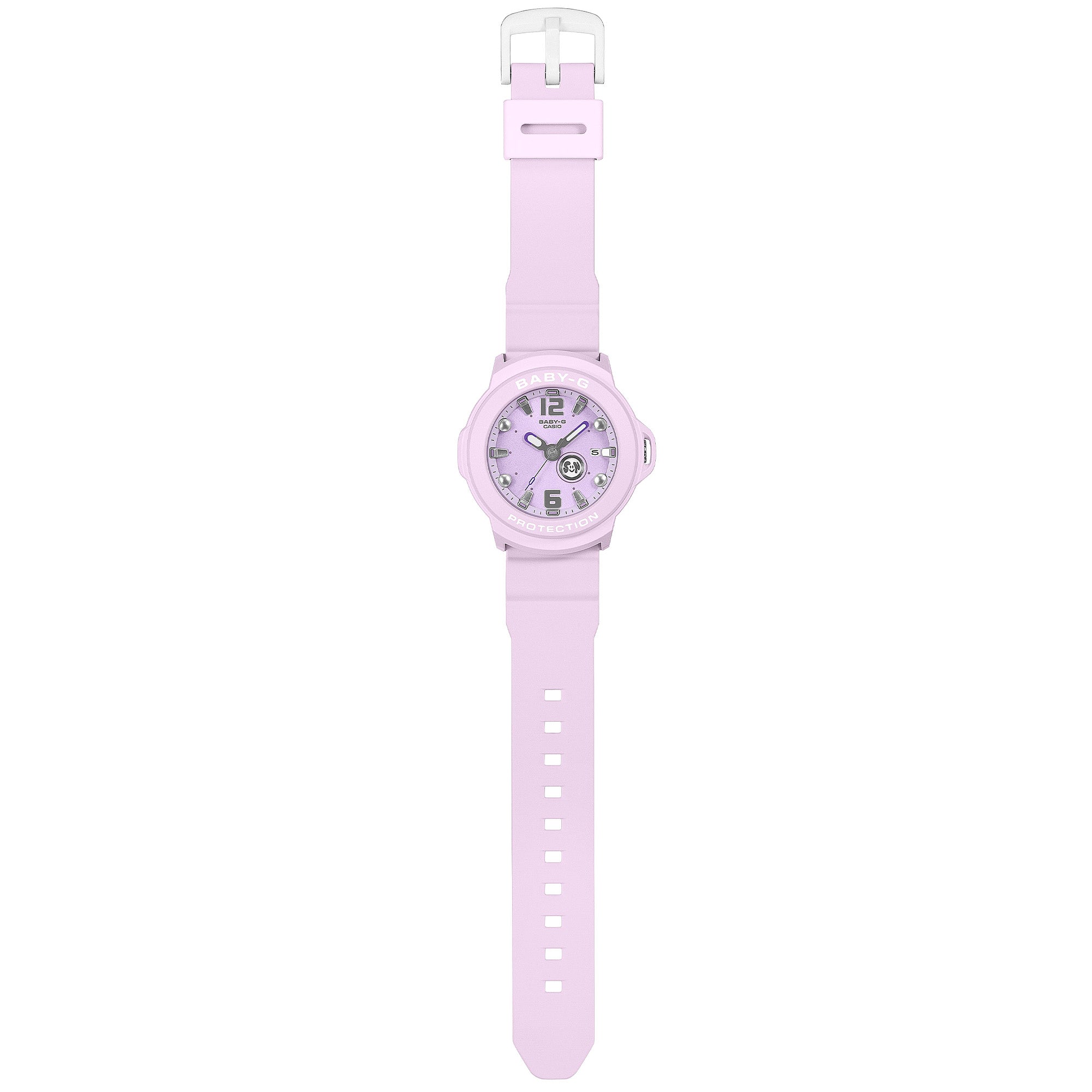 Casio Baby-G+PLUS BGA15K-6A close-up of the soft purple matte resin strap with detachable centre case mechanism, alongside the included round silicone holder that converts the watch into a bag charm or keyring, fitting wrists from 125mm to 180mm.