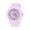 Casio Baby-G+PLUS BGA15K-4A front view, featuring the round pastel purple matte resin case with shimmering metal dial, Arabic numerals at 12 and 6 o'clock, rotating seven-design day display, three analogue hands, and matching pastel purple matte band — shown as a wristwatch