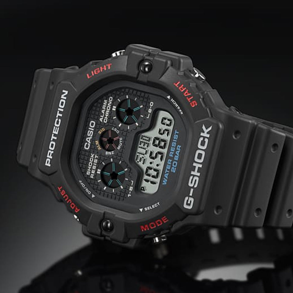 Casio G-SHOCK DW5900-1D digital watch with black resin band, triple graph display, and shock-resistant retro design.