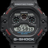 Casio G-SHOCK DW5900-1D digital watch with black resin band, triple graph display, and shock-resistant retro design.