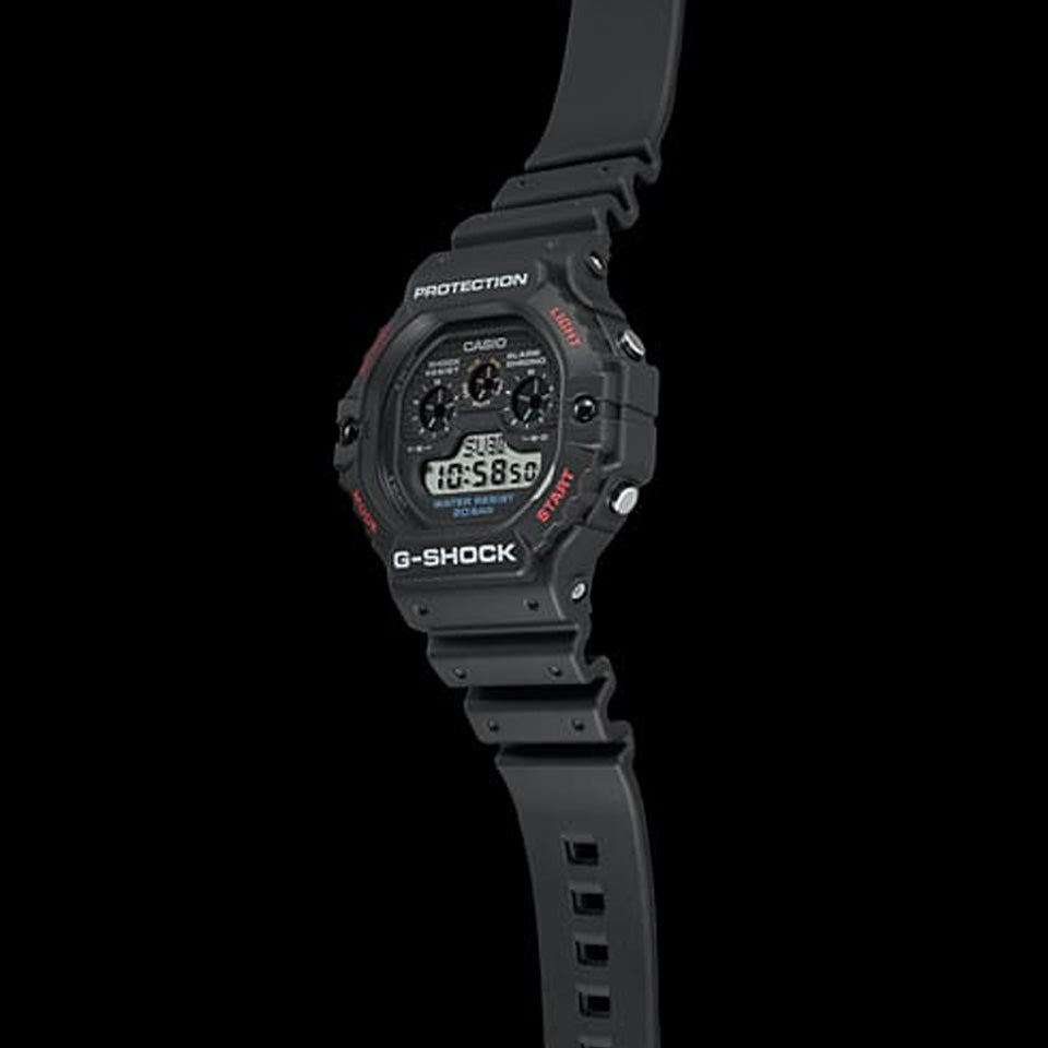 Casio G-SHOCK DW5900-1D digital watch with black resin band, triple graph display, and shock-resistant retro design.