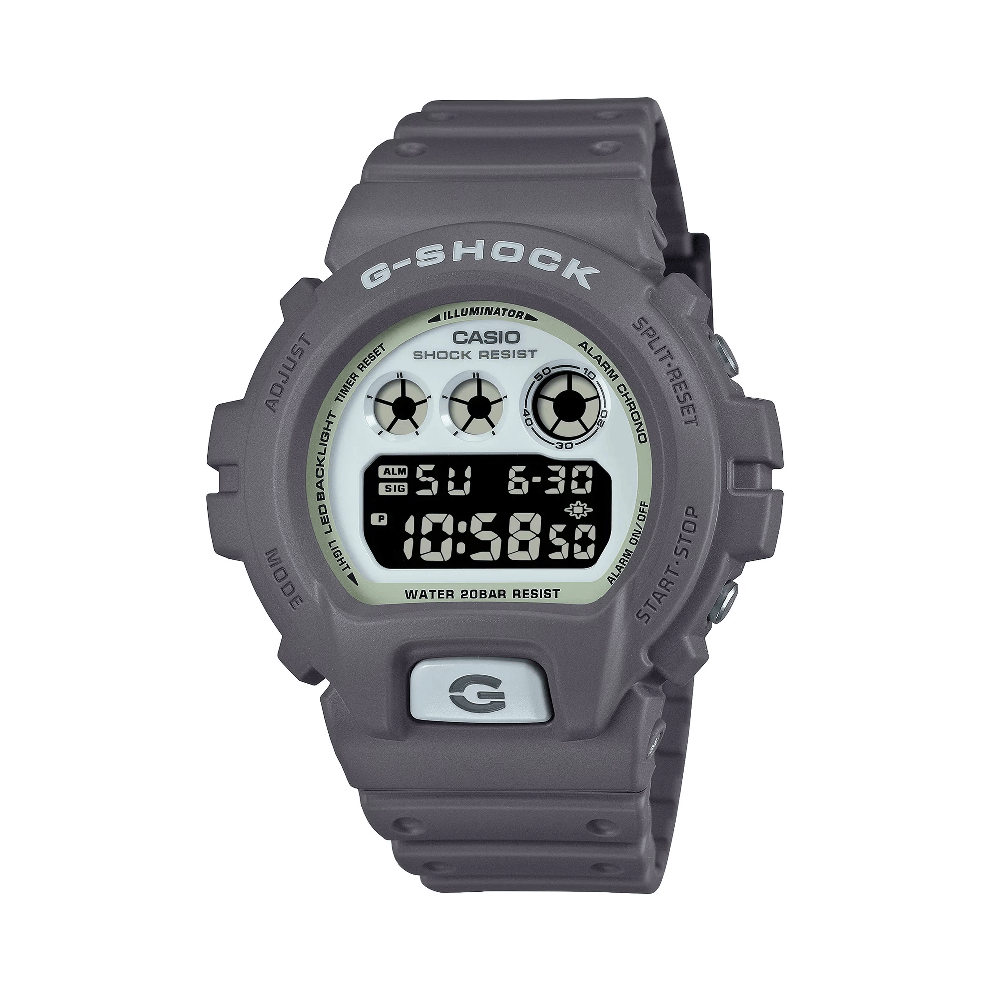 Casio G-SHOCK DW6900HD-8D digital watch with grey resin band, black LCD display, triple graph face, and shock-resistant design.