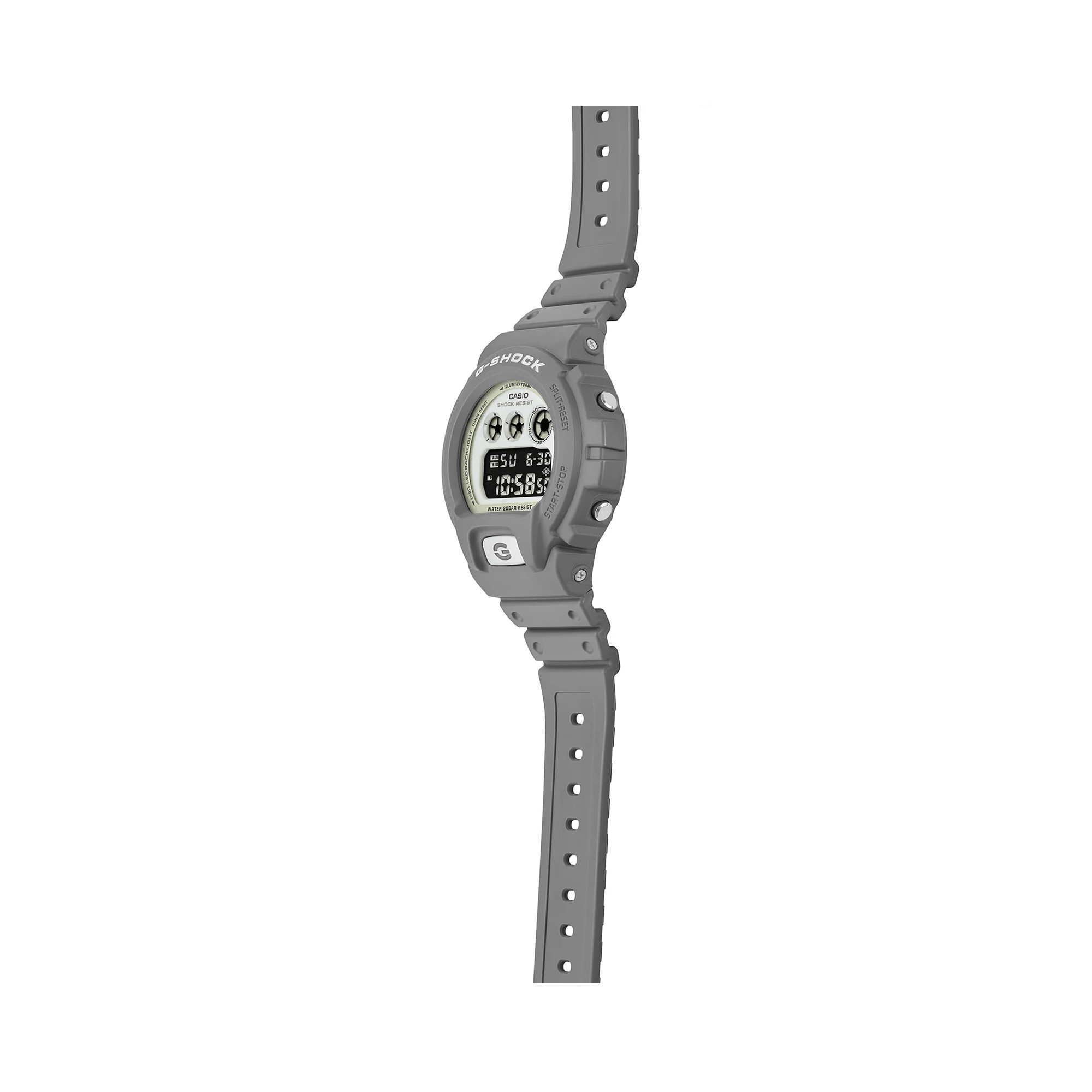Casio G-SHOCK DW6900HD-8D digital watch with grey resin band, black LCD display, triple graph face, and shock-resistant design.
