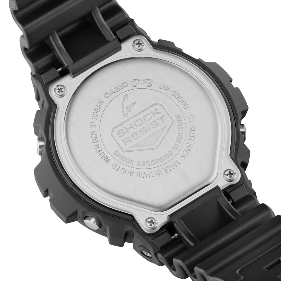 Casio G-SHOCK Men's Resin Digital Sport Watch DW6900U-1D Back of Case with Shock Resist engraving.