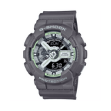 Casio G-SHOCK GA110HD-8A analogue digital watch with grey resin band, layered black dial, and shock-resistant oversized design.