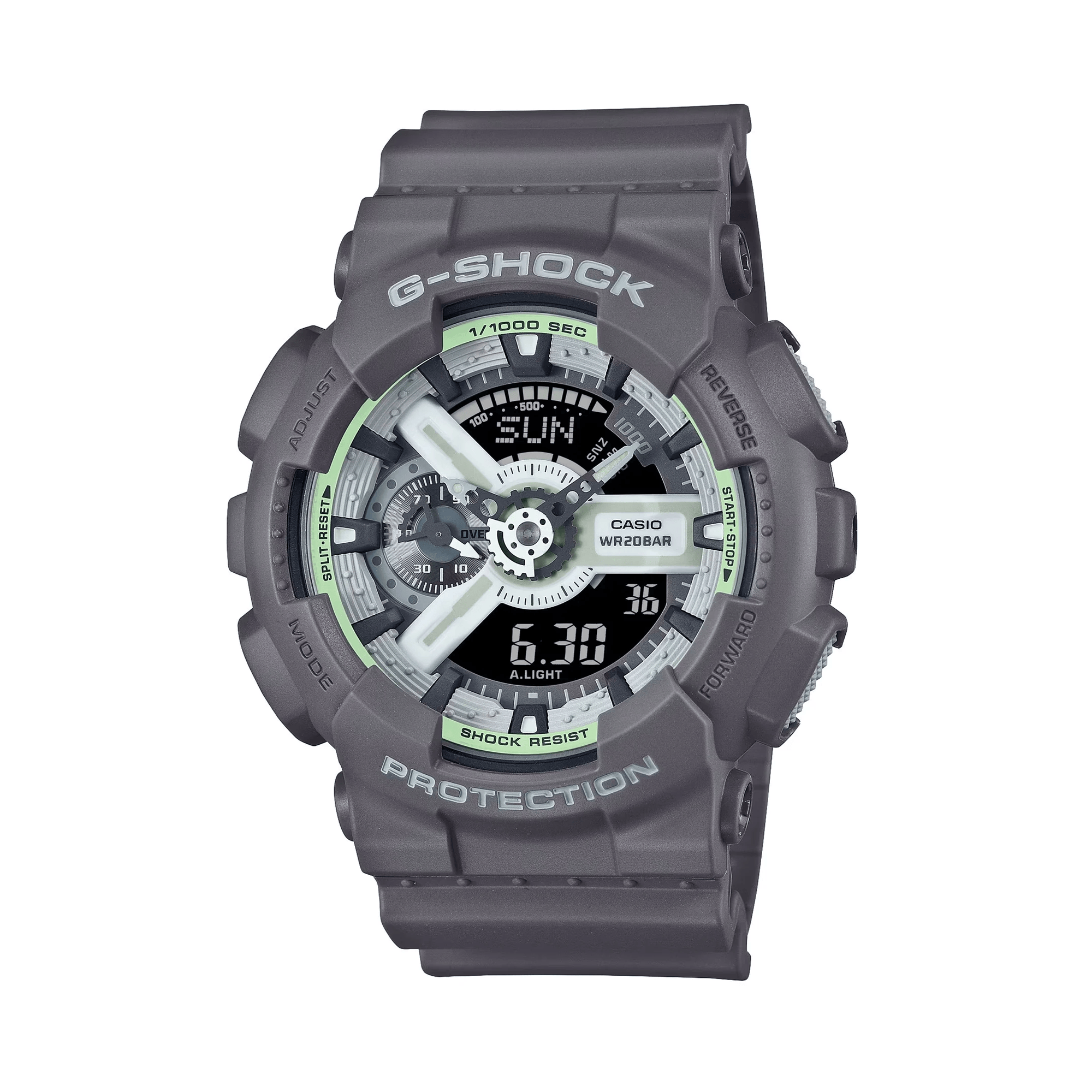 Casio G-SHOCK GA110HD-8A analogue digital watch with grey resin band, layered black dial, and shock-resistant oversized design.