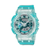 Casio G-SHOCK GMA-S110VW-2A analogue digital watch with transparent blue resin band, layered metallic dial, and shock-resistant design.