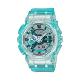 Casio G-SHOCK GMA-S110VW-2A analogue digital watch with transparent blue resin band, layered metallic dial, and shock-resistant design.