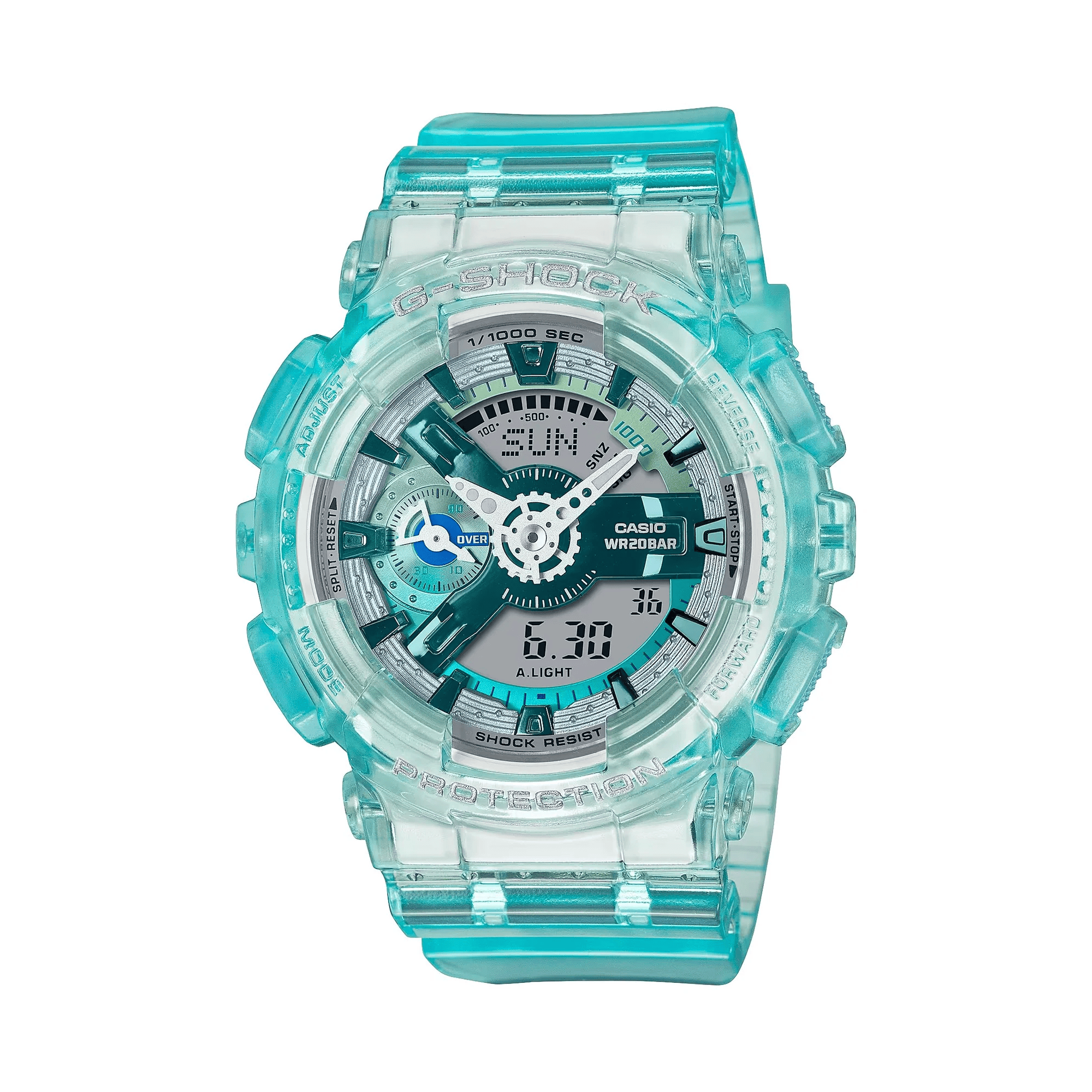 Casio G-SHOCK GMA-S110VW-2A analogue digital watch with transparent blue resin band, layered metallic dial, and shock-resistant design.