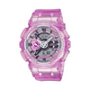Casio G-SHOCK GMA-S110VW-4A analogue digital watch with transparent pink resin band, layered dial, and shock-resistant design.