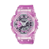 Casio G-SHOCK GMA-S110VW-4A analogue digital watch with transparent pink resin band, layered dial, and shock-resistant design.